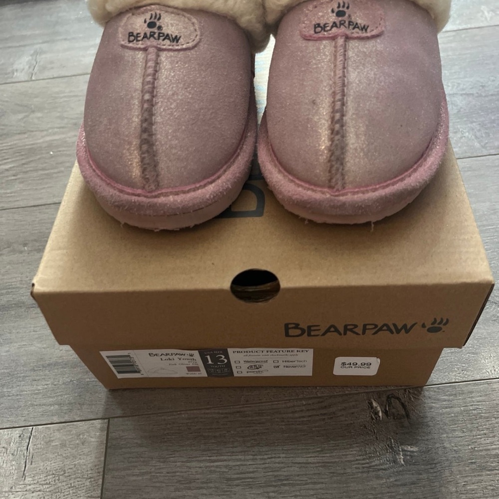 BearPaw Pink Glitter Youth slip ons